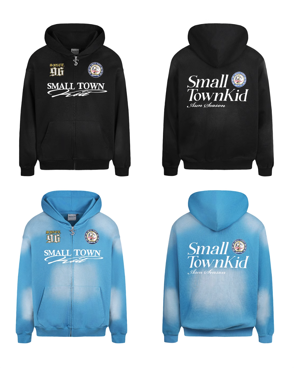 Small Town Kid Washed Badge Letter Printed Zip-Up Hoodie | Face 3 Face