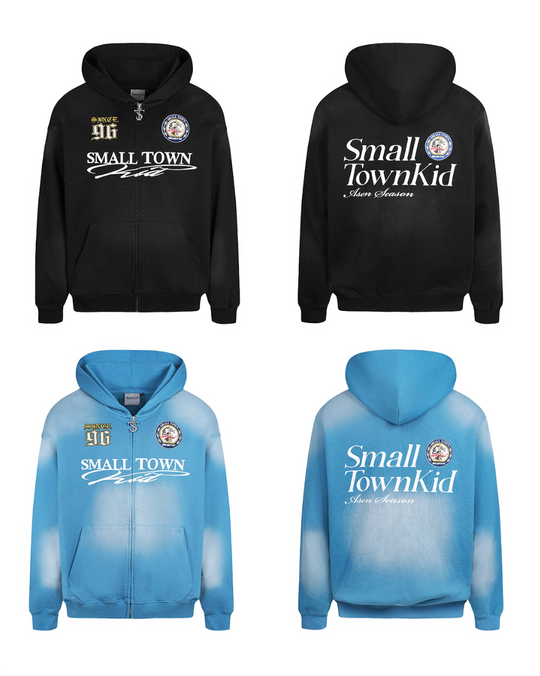 Small Town Kid Washed Badge Letter Printed Zip-Up Hoodie | Face 3 Face