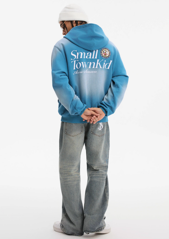 Small Town Kid Washed Badge Letter Printed Zip-Up Hoodie | Face 3 Face