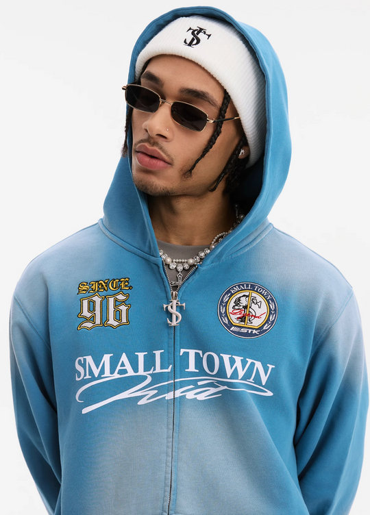 Small Town Kid Washed Badge Letter Printed Zip-Up Hoodie | Face 3 Face