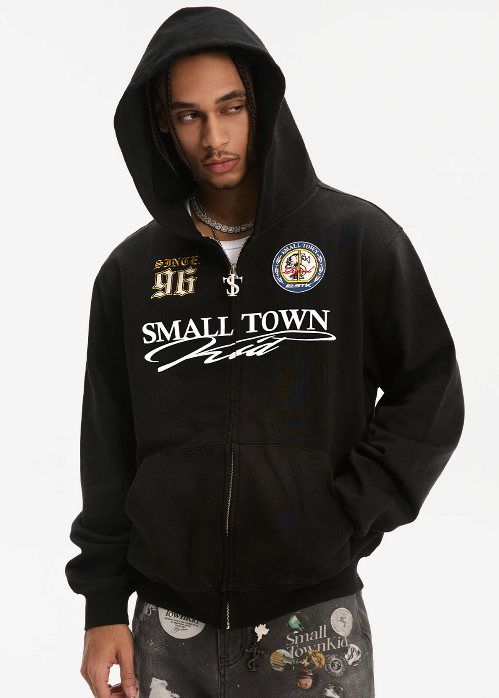 Small Town Kid Washed Badge Letter Printed Zip-Up Hoodie | Face 3 Face
