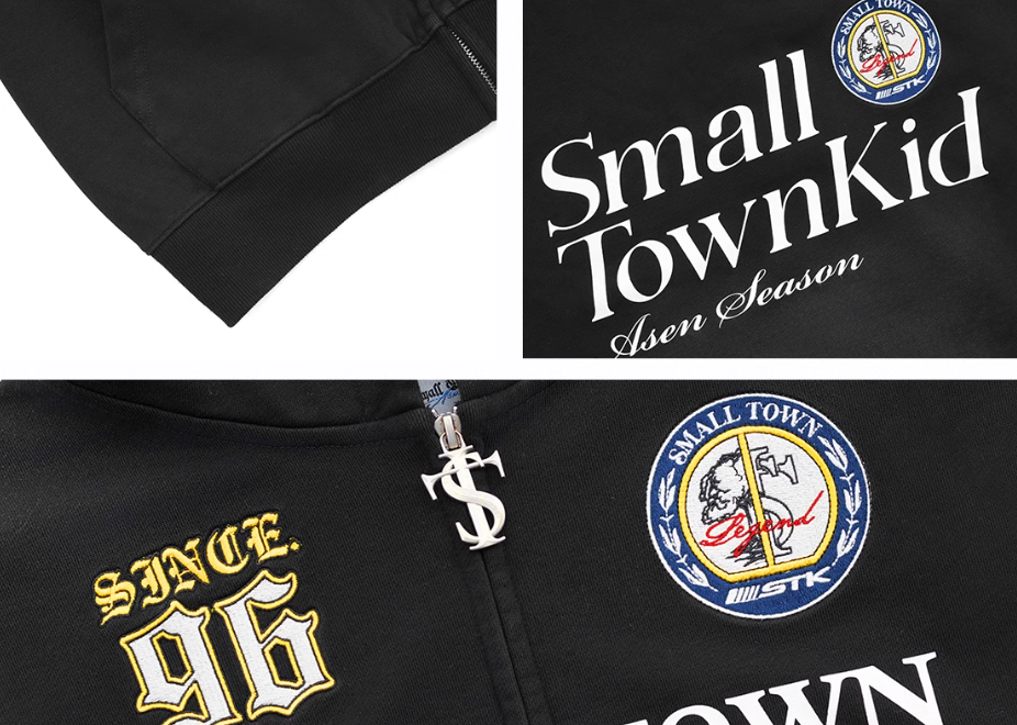 Small Town Kid Washed Badge Letter Printed Zip-Up Hoodie | Face 3 Face