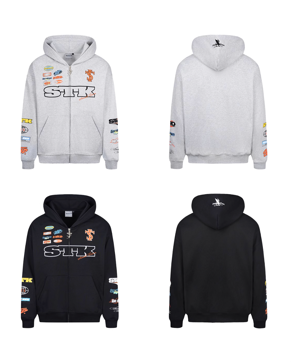 Small Town Kid Racing Badge Printed and Embroidered Zip-Up Hoodie | Face 3 Face