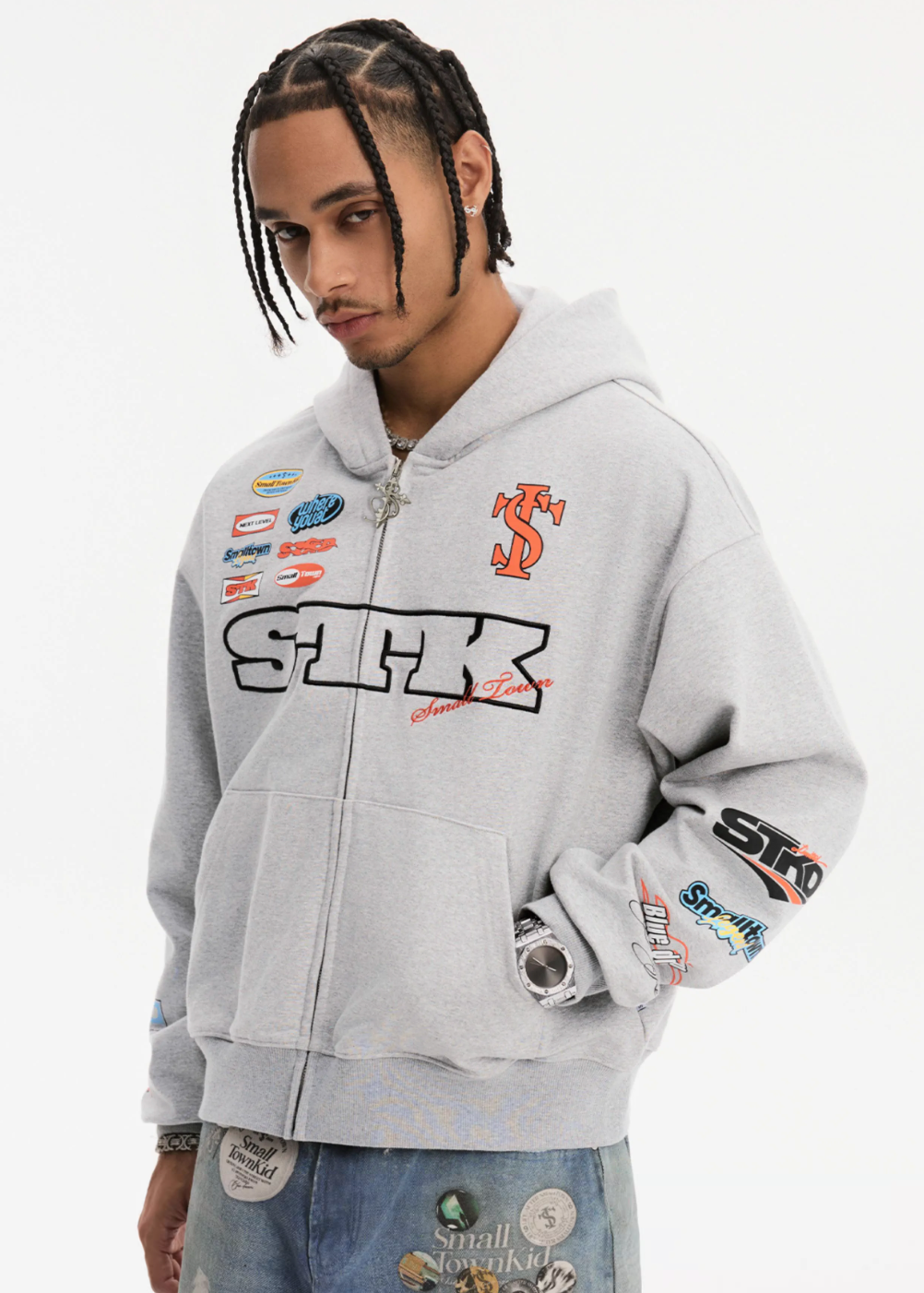 Small Town Kid Racing Badge Printed and Embroidered Zip-Up Hoodie | Face 3 Face