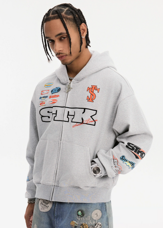 Small Town Kid Racing Badge Printed and Embroidered Zip-Up Hoodie | Face 3 Face