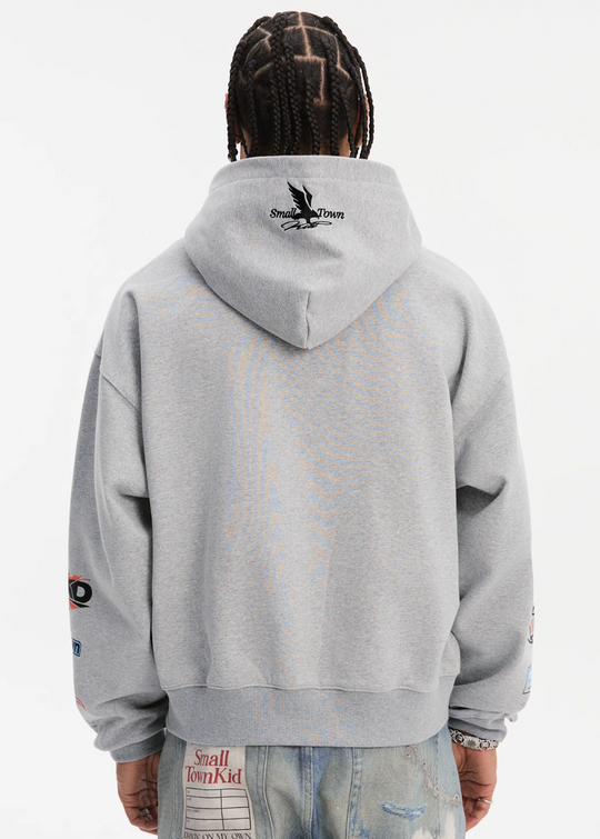 Small Town Kid Racing Badge Printed and Embroidered Zip-Up Hoodie | Face 3 Face