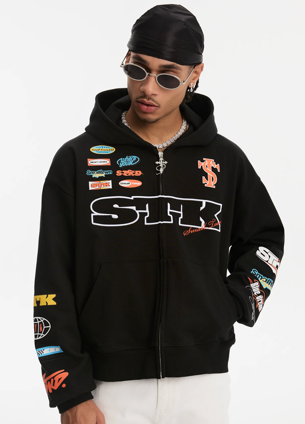 Small Town Kid Racing Badge Printed and Embroidered Zip-Up Hoodie | Face 3 Face