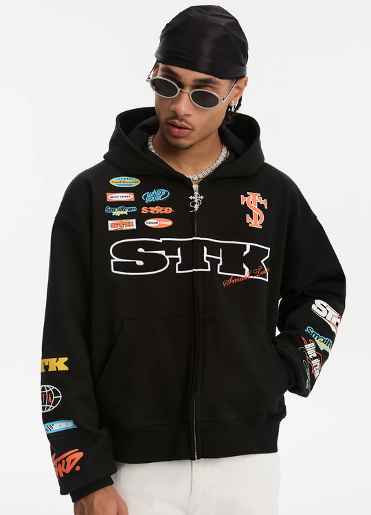 Small Town Kid Racing Badge Printed and Embroidered Zip-Up Hoodie | Face 3 Face
