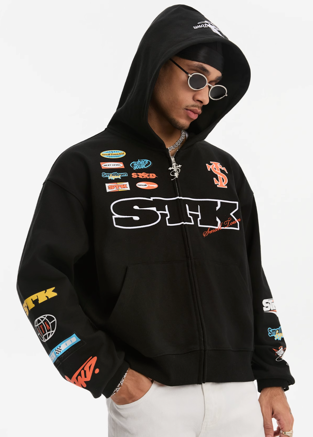 Small Town Kid Racing Badge Printed and Embroidered Zip-Up Hoodie | Face 3 Face