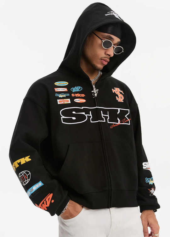 Small Town Kid Racing Badge Printed and Embroidered Zip-Up Hoodie | Face 3 Face