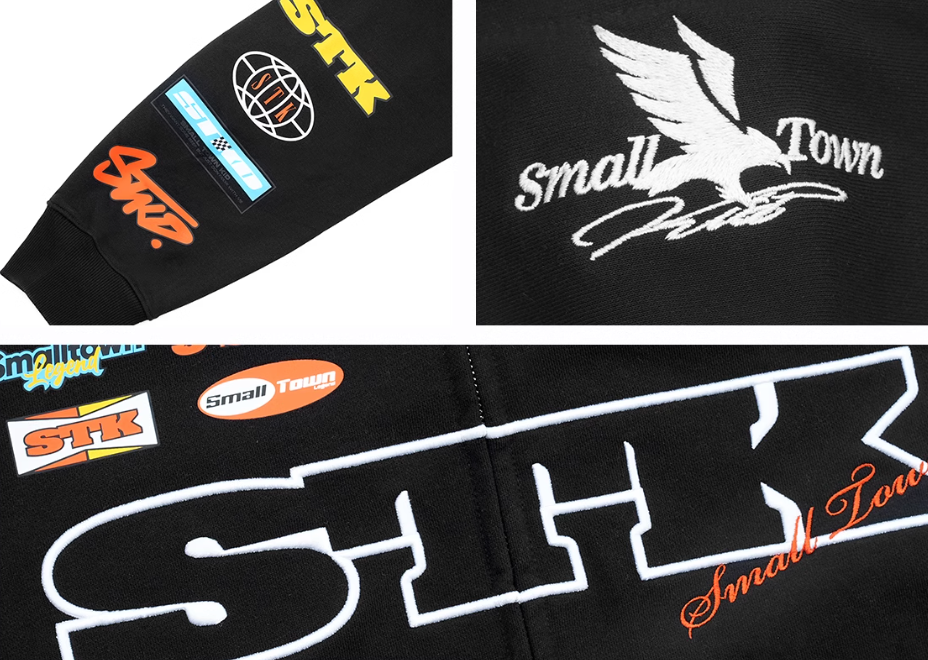 Small Town Kid Racing Badge Printed and Embroidered Zip-Up Hoodie | Face 3 Face