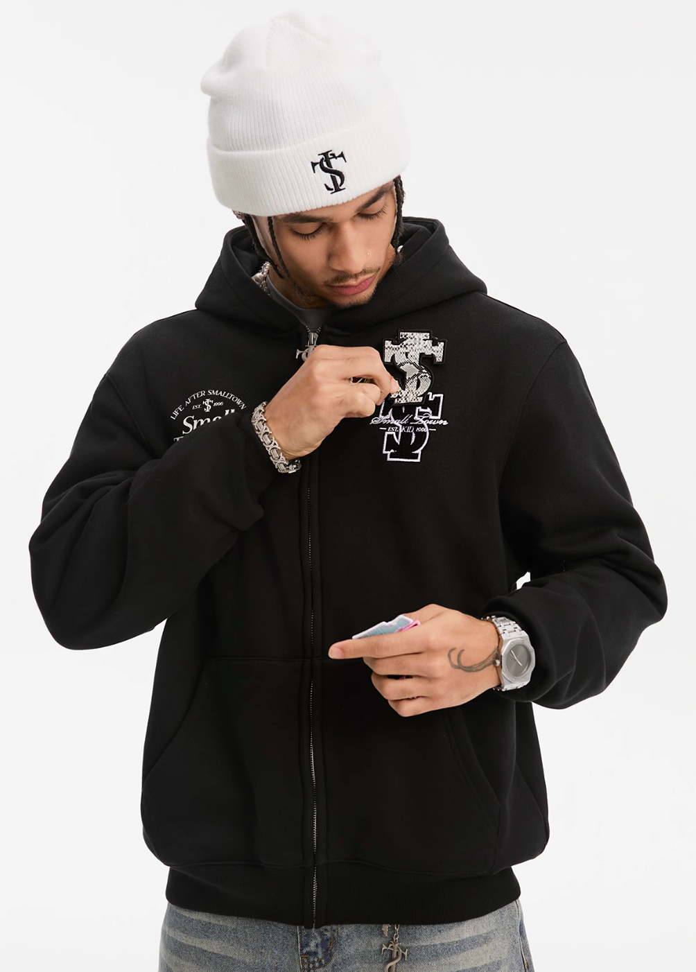 Small Town Kid Animal Textured Logo Velcro Zip-Up Hoodie | Face 3 Face