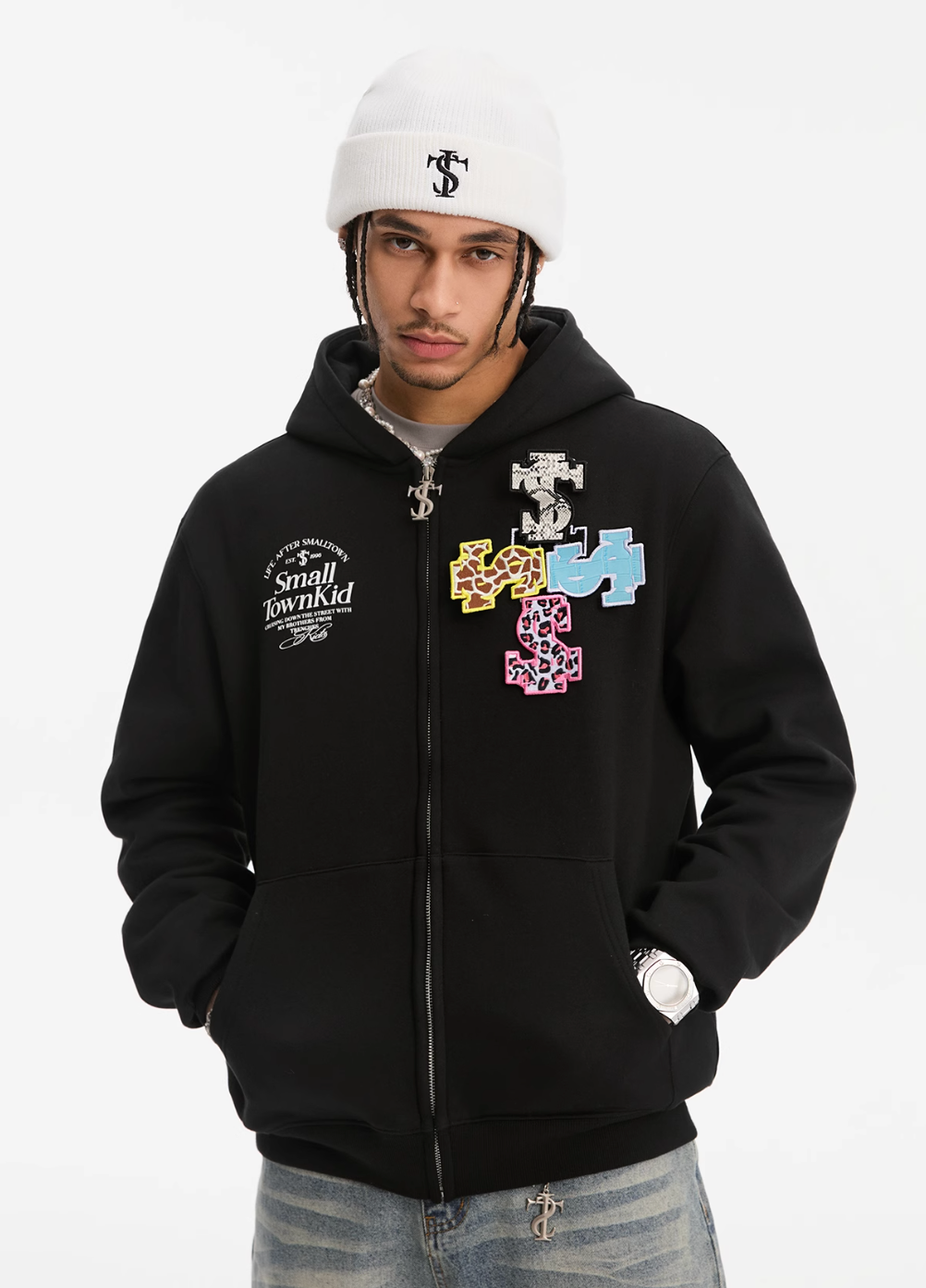 Small Town Kid Animal Textured Logo Velcro Zip-Up Hoodie | Face 3 Face