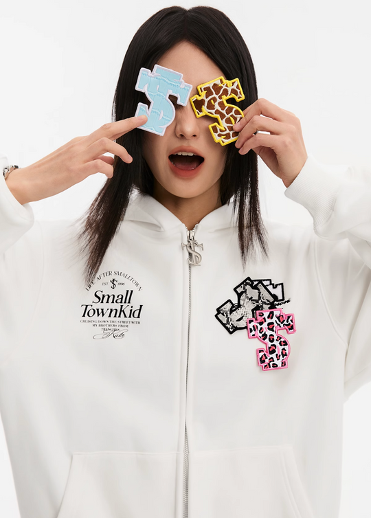 Small Town Kid Animal Textured Logo Velcro Zip-Up Hoodie | Face 3 Face