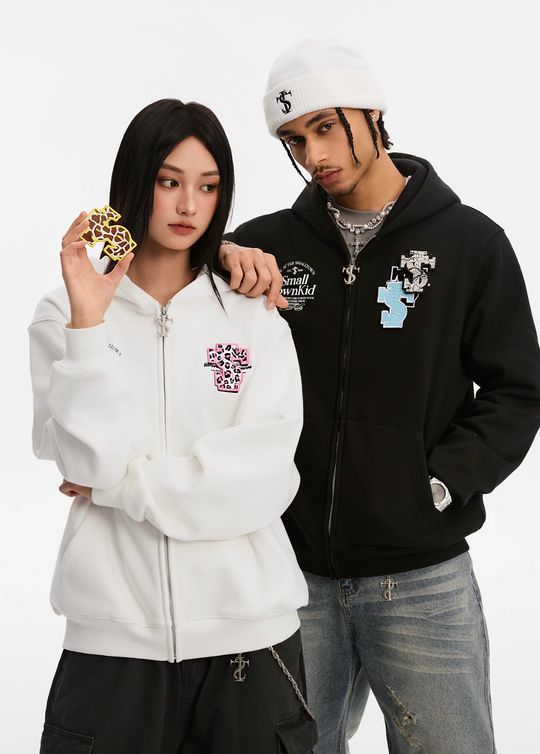 Small Town Kid Animal Textured Logo Velcro Zip-Up Hoodie | Face 3 Face