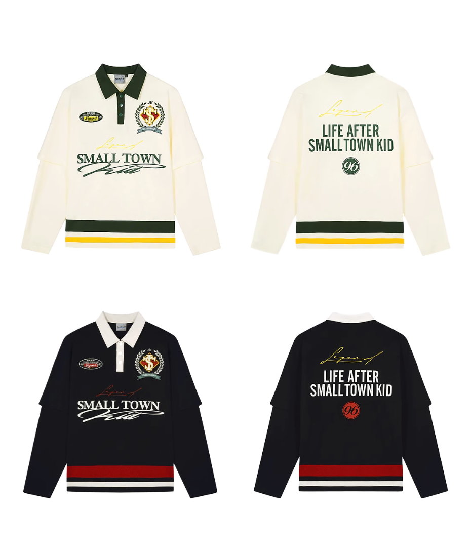 Small Town Kid 3D Embroidered Badge Fake Two-Piece Long-Sleeve Polo | Face 3 Face