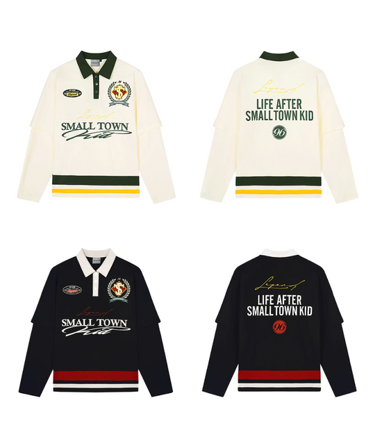 Small Town Kid 3D Embroidered Badge Fake Two-Piece Long-Sleeve Polo | Face 3 Face