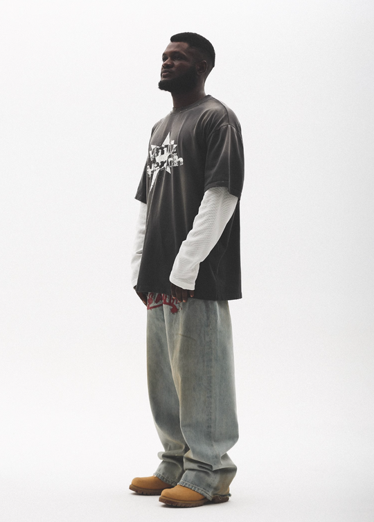 UNTILWERICH Washed Star Burst Print Mock Two-Piece Long Sleeve Tee | Face 3 Face