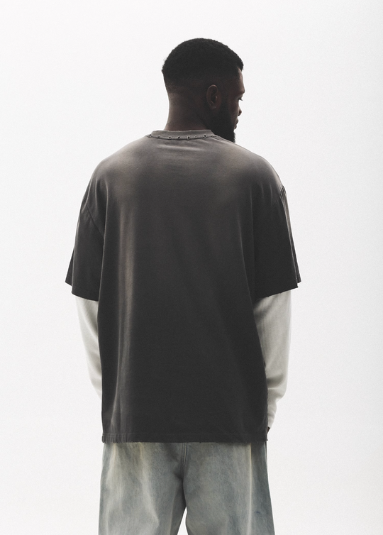 UNTILWERICH Washed Star Burst Print Mock Two-Piece Long Sleeve Tee | Face 3 Face