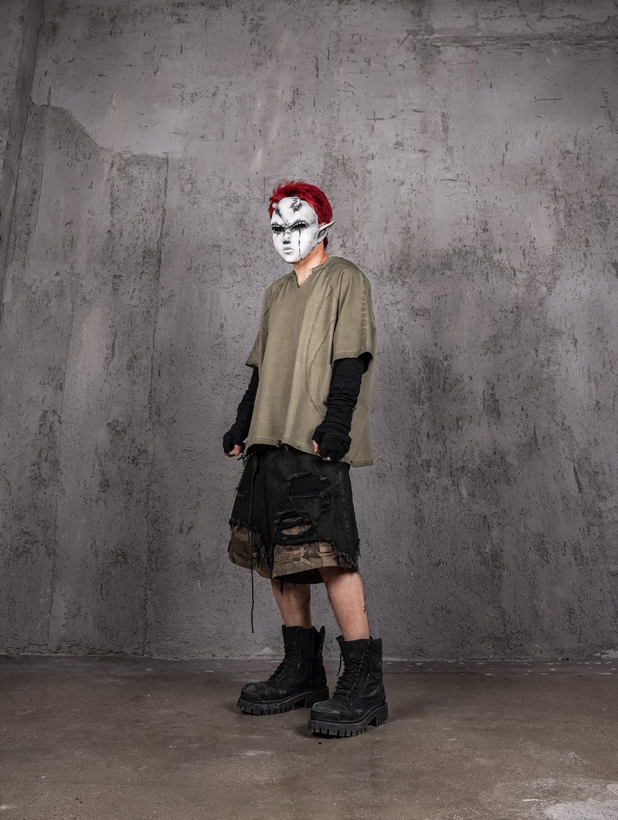 UNDERWATER Dirty Dye Deconstructed Cut-Out V-Neck Tee | Face 3 Face