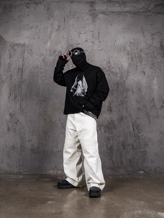 UNDERWATER Black Aged Wash Destroyed Portrait Print Long Sleeve Tee | Face 3 Face