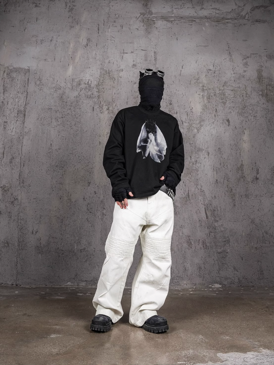 UNDERWATER Black Aged Wash Destroyed Portrait Print Long Sleeve Tee | Face 3 Face