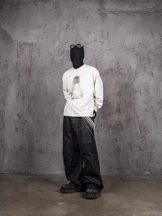 UNDERWATER White Aged Wash Destroyed Portrait Print Long Sleeve Tee | Face 3 Face