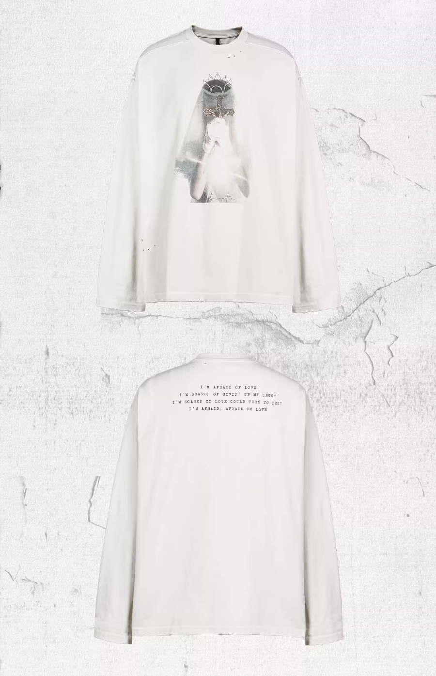 UNDERWATER White Aged Wash Destroyed Portrait Print Long Sleeve Tee | Face 3 Face