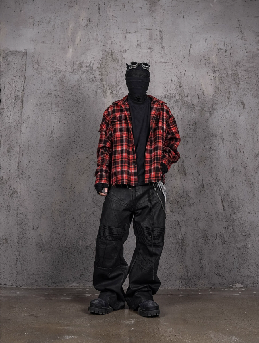 UNDERWATER Scarlet Plaid Deconstructed Destroyed Shirt Jacket | Face 3 Face