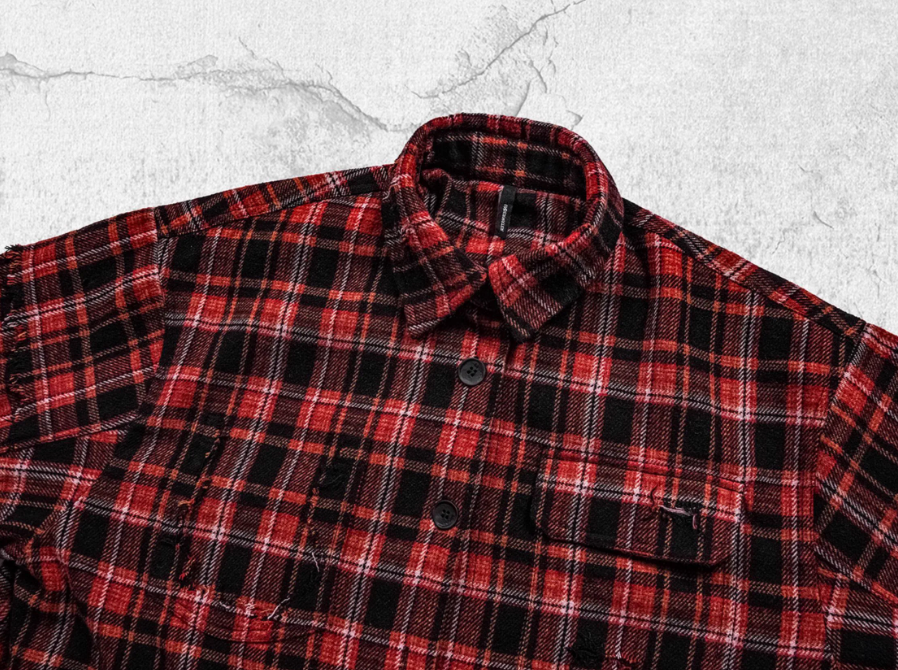 UNDERWATER Scarlet Plaid Deconstructed Destroyed Shirt Jacket | Face 3 Face