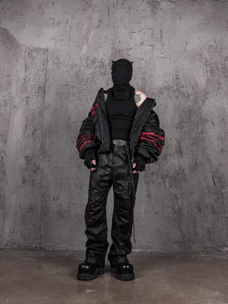 UNDERWATER Red Bandage Deconstructed Dirty Dyed MA-1 Bomber Jacket | Face 3 Face