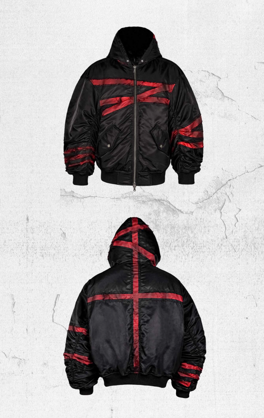 UNDERWATER Red Bandage Deconstructed Dirty Dyed MA-1 Bomber Jacket | Face 3 Face
