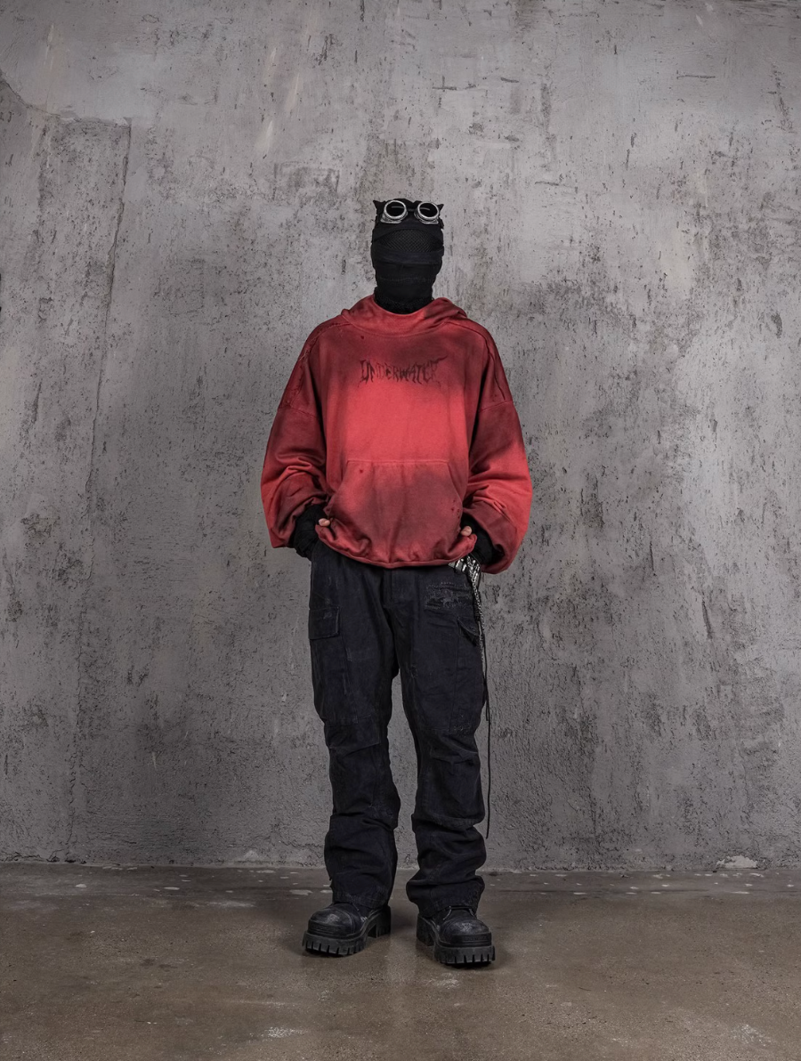 UNDERWATER Ashes Red Dirty Dye Old Deconstructed Destruction Hoodie | Face 3 Face