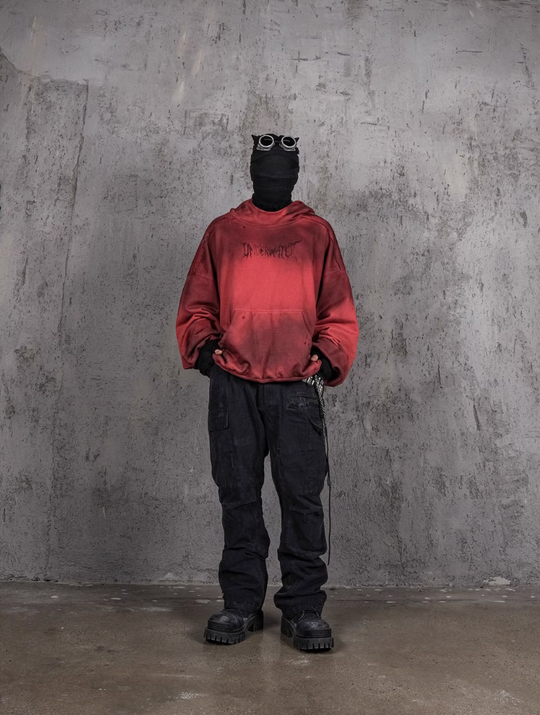 UNDERWATER Ashes Red Dirty Dye Old Deconstructed Destruction Hoodie | Face 3 Face