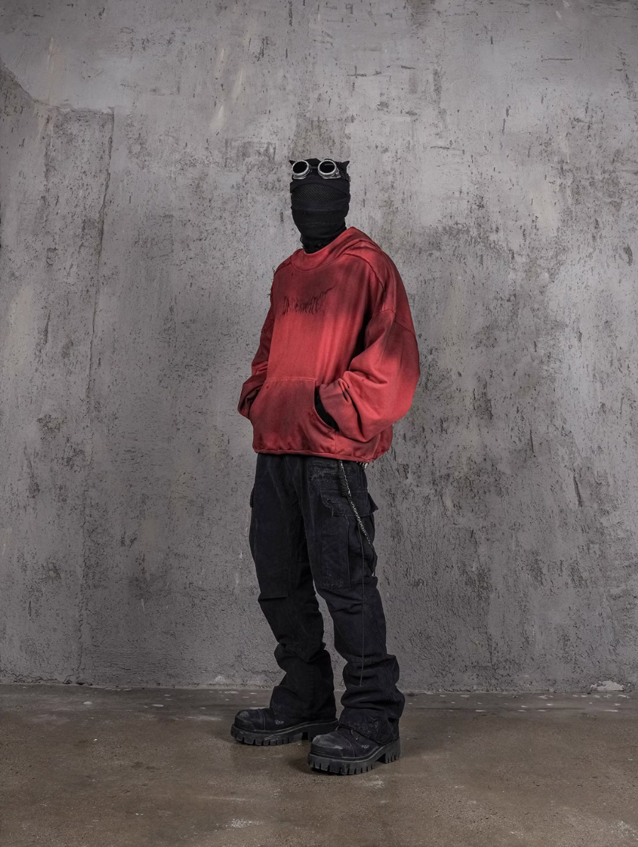 UNDERWATER Ashes Red Dirty Dye Old Deconstructed Destruction Hoodie | Face 3 Face