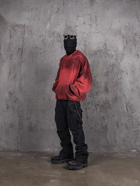 UNDERWATER Ashes Red Dirty Dye Old Deconstructed Destruction Hoodie | Face 3 Face