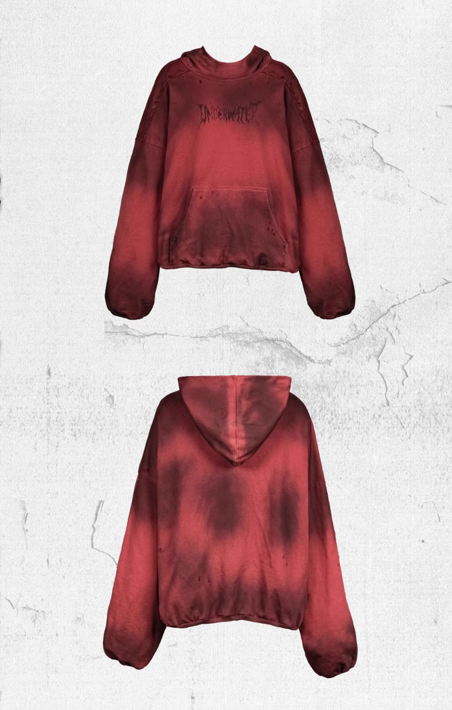 UNDERWATER Ashes Red Dirty Dye Old Deconstructed Destruction Hoodie | Face 3 Face