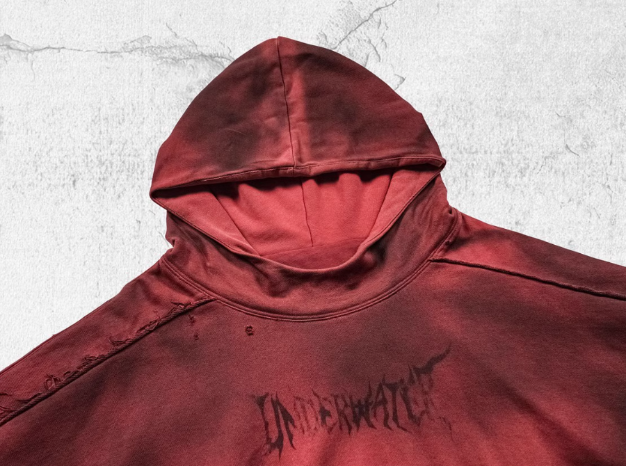 UNDERWATER Ashes Red Dirty Dye Old Deconstructed Destruction Hoodie | Face 3 Face