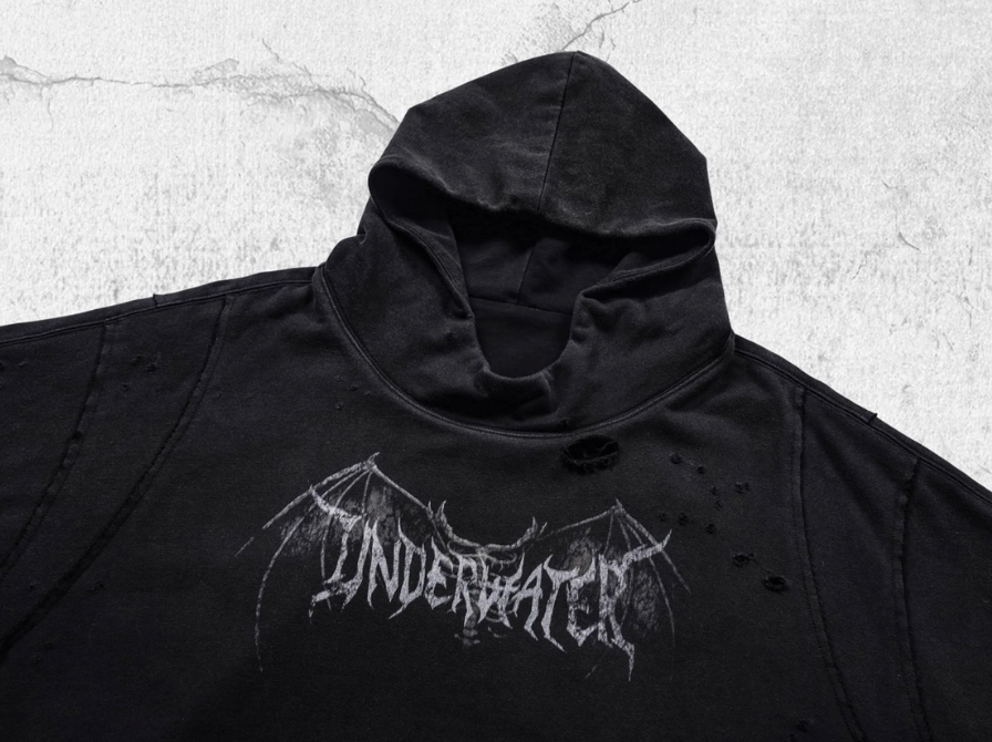 UNDERWATER Dust Black Deconstructed Destruction Hoodie | Face 3 Face