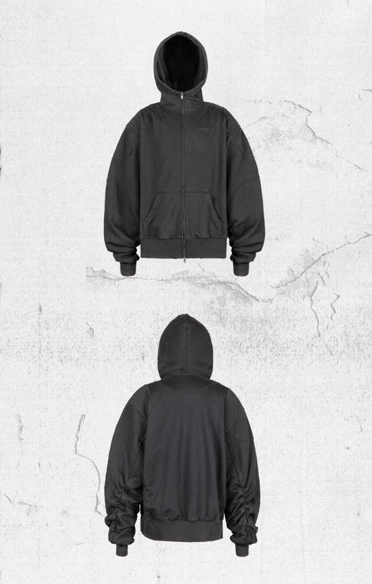 UNDERWATER Aged Silhouette Shirred Biker Armor Zip-Up Hoodie | Face 3 Face