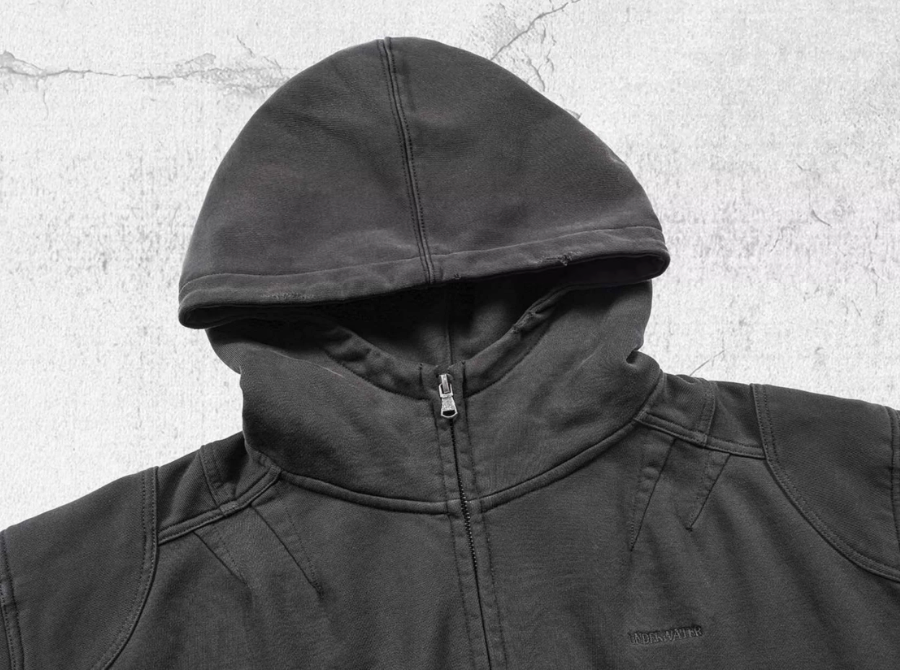UNDERWATER Aged Silhouette Shirred Biker Armor Zip-Up Hoodie | Face 3 Face
