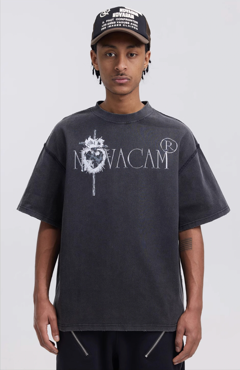 NOVACAM Vintage Frayed Logo Print Backstitch Tee | Face 3 Face