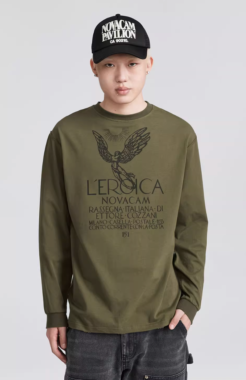 NOVACAM Angel Print Vintage Washed Backstitch Long Sleeve Tee | Face 3 Face