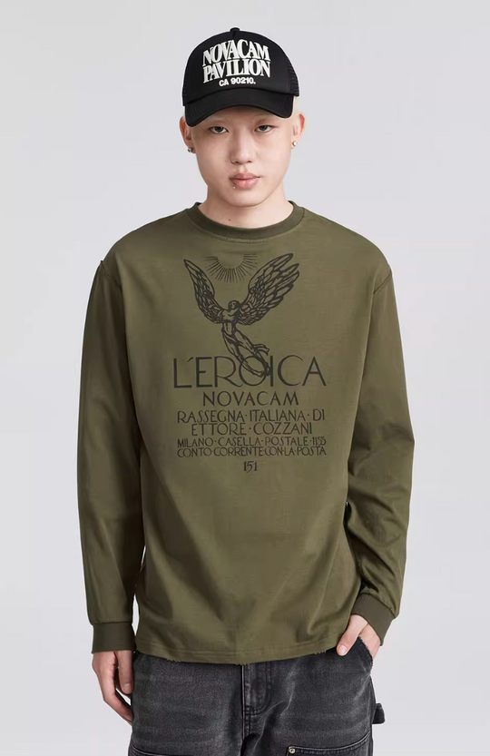 NOVACAM Angel Print Vintage Washed Backstitch Long Sleeve Tee | Face 3 Face