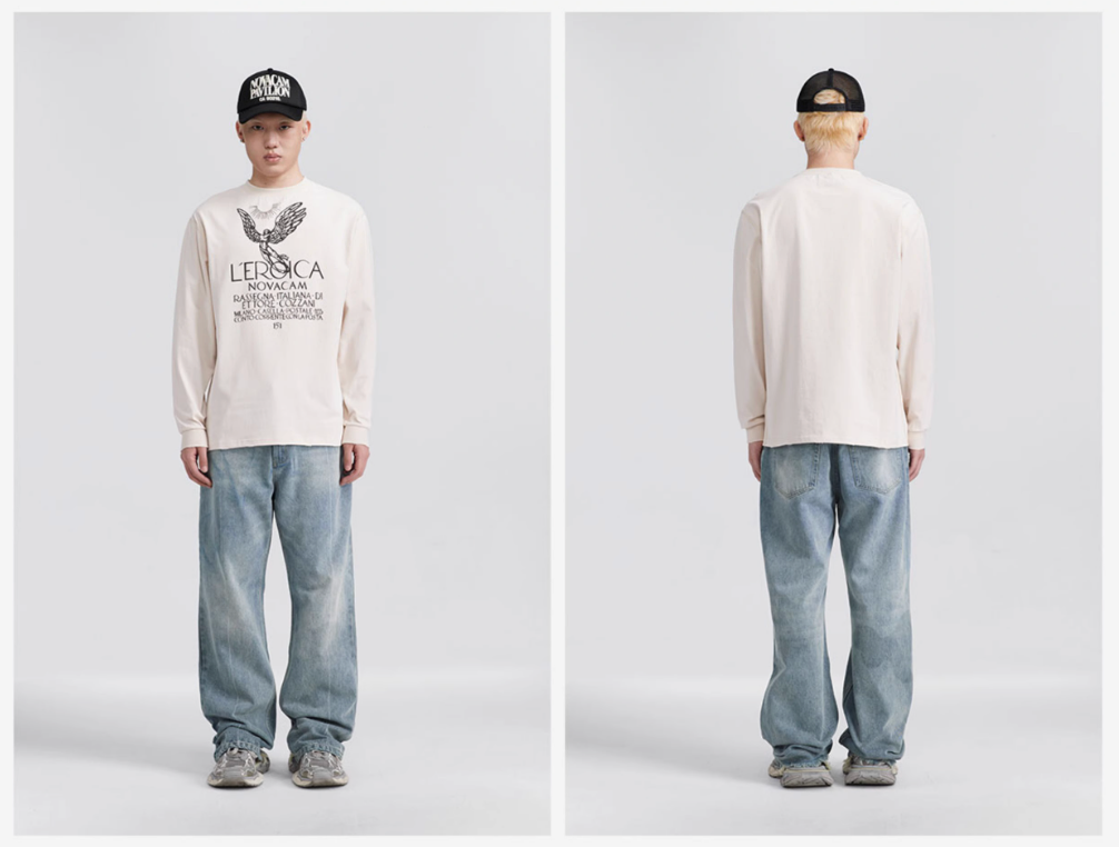 NOVACAM Angel Print Vintage Washed Backstitch Long Sleeve Tee | Face 3 Face