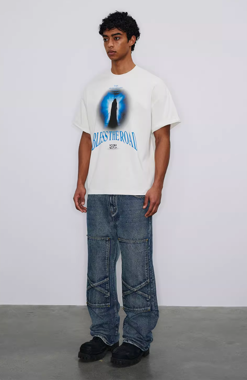 NOVACAM BLESS THE ROAD Vintage Print Reverse Stitching Tee | Face 3 Face