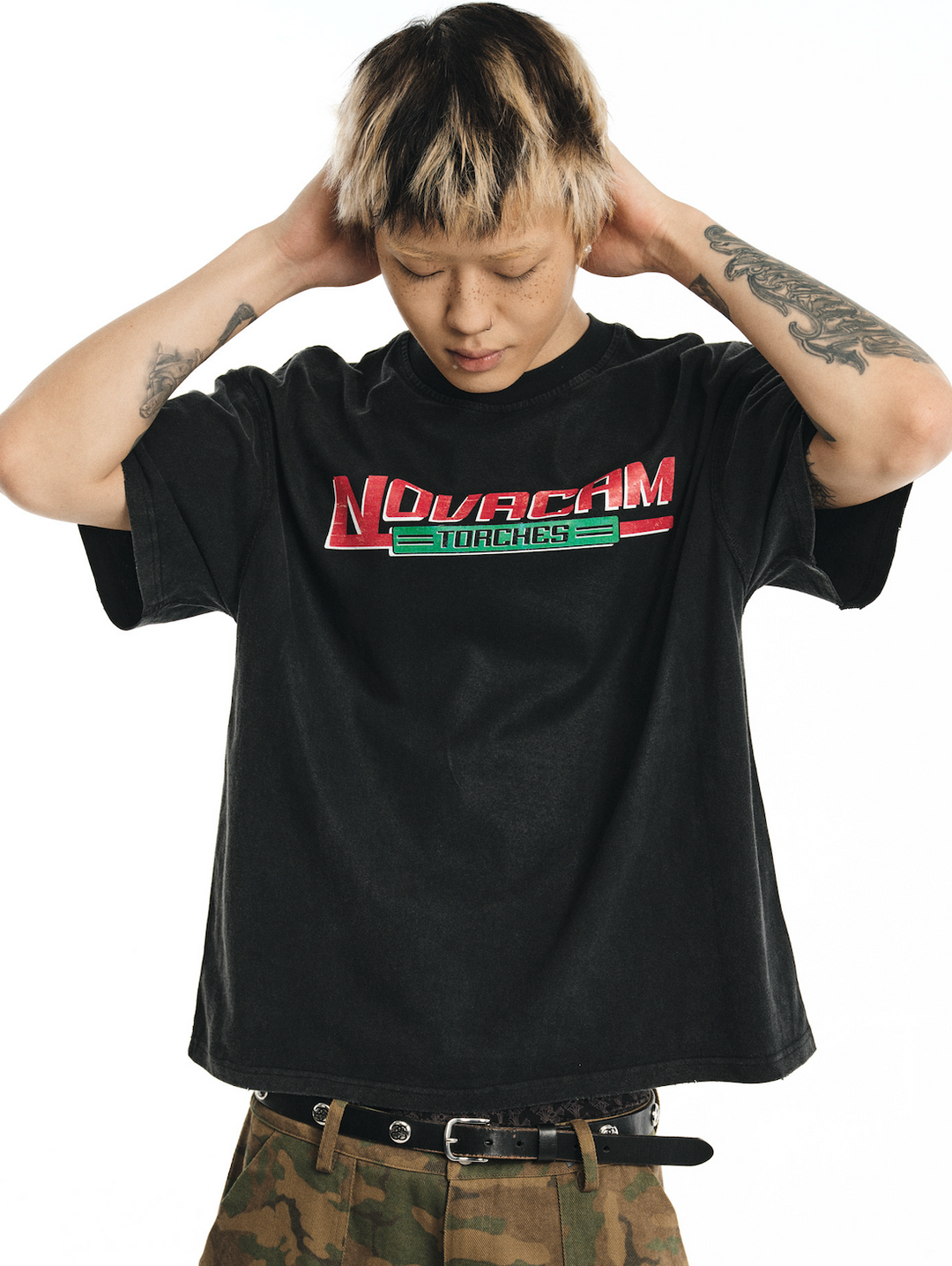 NOVACAM Logo Torches Vintage Print Backstitch Washed Tee | Face 3 Face