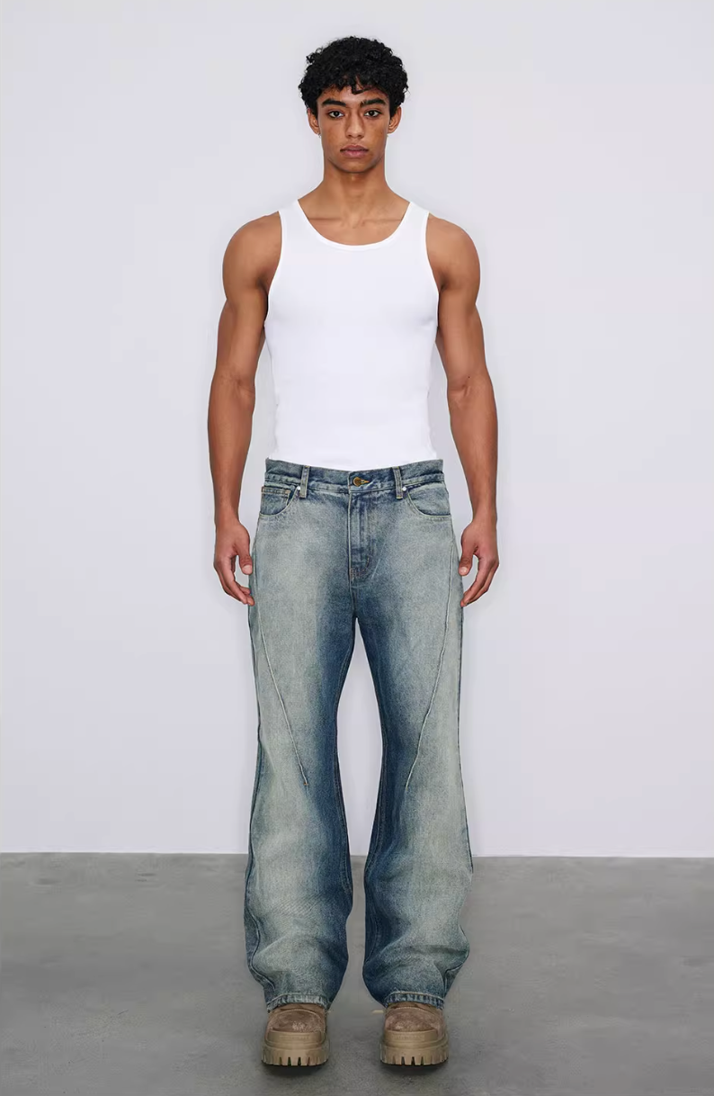 NOVACAM Heavy Washed Gradient Mud Dyed Stitched Flared Jeans | Face 3 Face