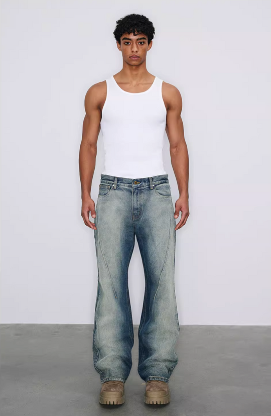 NOVACAM Heavy Washed Gradient Mud Dyed Stitched Flared Jeans | Face 3 Face