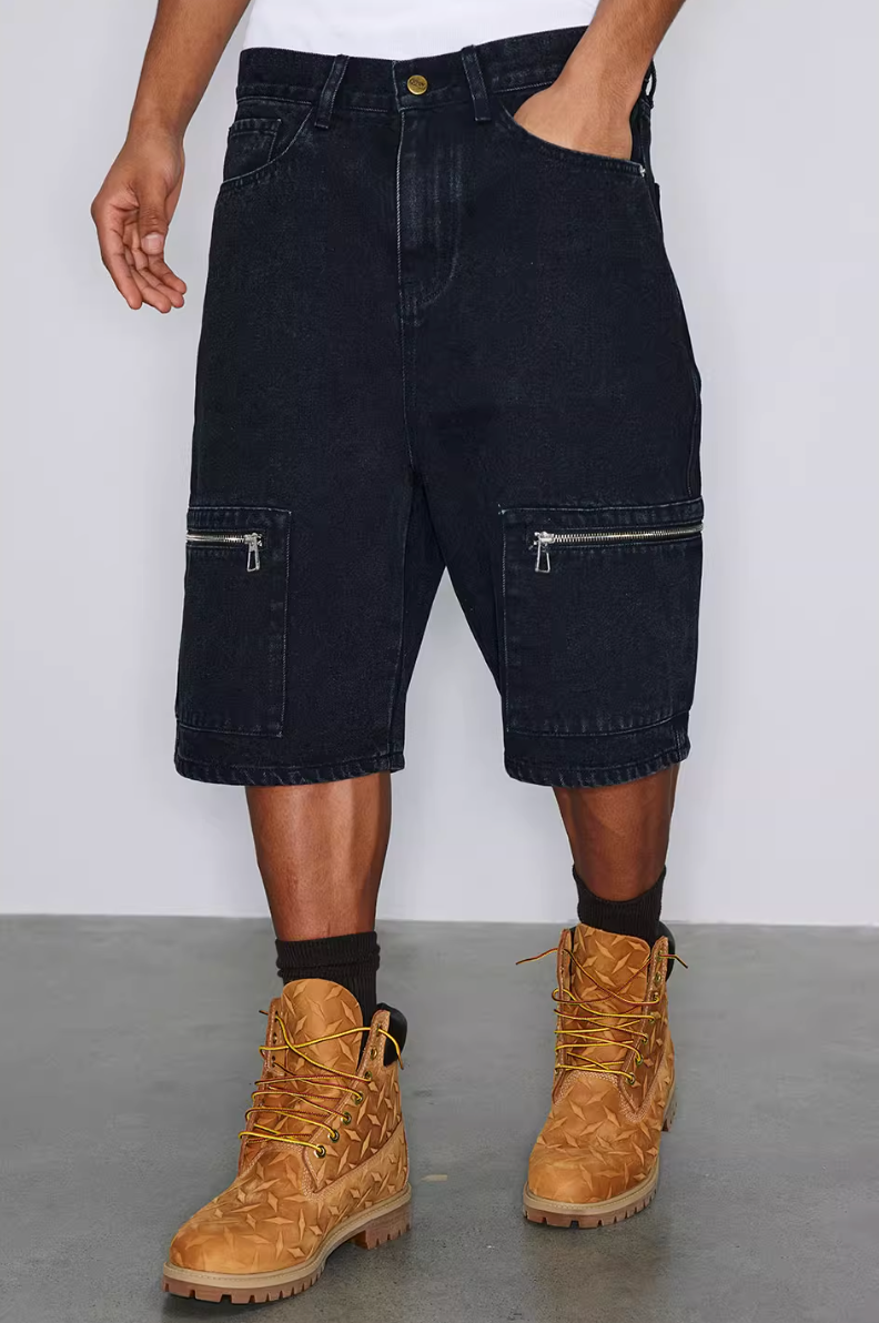 NOVACAM Washed Denim Zip Pocket Work Baggy Shorts | Face 3 Face